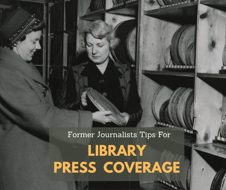 Black and white vintage photo of two women, one in a coat and hat and one in a dress, looking at film reels in a library.